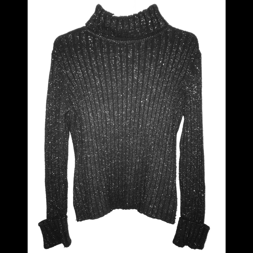Black Silver Sparkle Ribbed Turtleneck Sweater